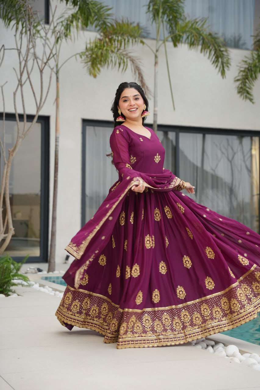 Women’s Ethnic Anarkali Style Floor-Length Gown in Magenta with Golden Zari Embroidery – Festive & Wedding Wear - Image 4